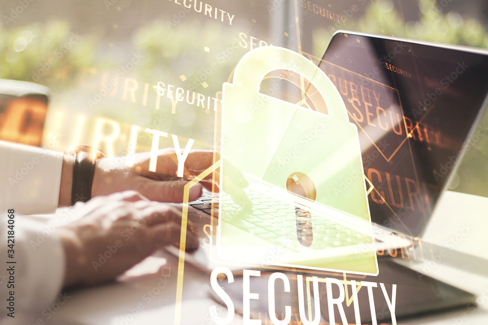 Poster creative lock sketch with chip hologram and hands typing on computer keyboard on background, protect