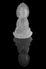 Crystal Guan yin or Quan Yin statue on black background, Chinese sculpture