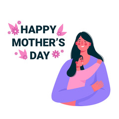 Happy smiling mother and daughter. Mother hug daughter with love and holding her in arms. Happy mothers day card. Flat cartoon vector illustration