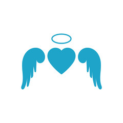 Blue heart with halo or nimbus. Wingy heart. Valentine's Day sign. Vector illustration, flat design cartoon style. Isolated on white background.