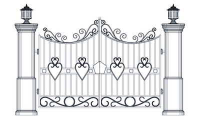 Fototapeta na wymiar Metal iron gate, grilles, fences with ornamental antique pattern. Vector illustration