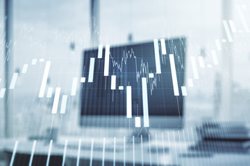 Abstract creative financial graph on modern laptop background, financial and trading concept. Multiexposure