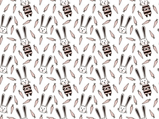 Seamless pattern of cute boys hares, bunny toddlers with blush on their cheeks in pink and black striped overalls for children, their portraits, pink carrots on a white background. Hand drawn. Vector.