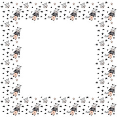 Square frame of hand-drawn leopards in costumes, their faces with collars, footprints of cat legs and stars in black and pink colors on a white background. Isolated characters. Copy space. Vector.