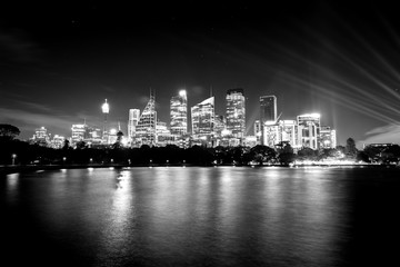 Black and white photo of Sydney at night