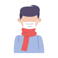 covid 19 coronavirus, sick man with scarf and medical mask, isolated icon
