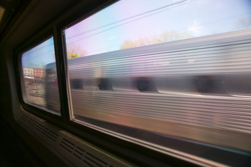 View of Amtrak train car from another moving Amtrak train, Philadelphia, Pennsylvania