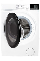 Front views and perspective of the home microwave with the door open and closed.