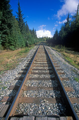 Fototapeta premium Railroad tracks leading to a snowy mountain off of Seward Highway in Kenai Peninsula, AK