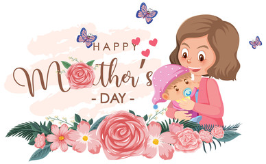 Template design for happy mother's day with mom and baby