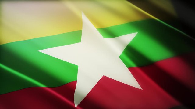 4k Myanmar National flag slow waving with visible wrinkles in Burmese wind blue sky seamless loop background.A fully digital rendering;animation loops at 40 seconds;smooth texture.