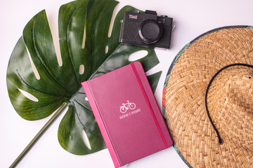 Camera, straw hat and diary on a leaf