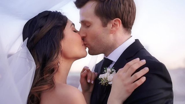 A bride and groom kiss underneath a veil