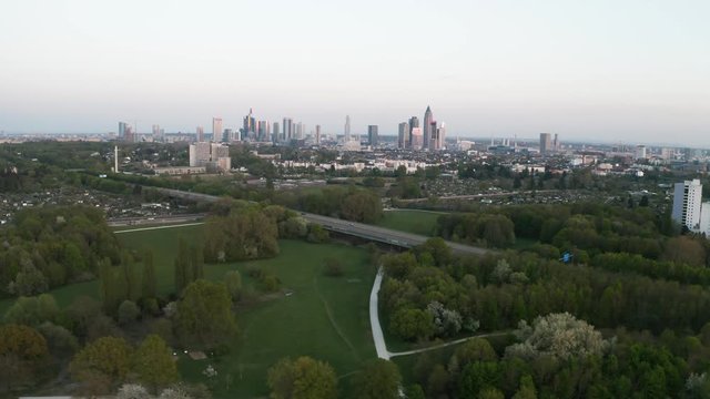 Slow pan with the skyline of Frankfurt in the background far away