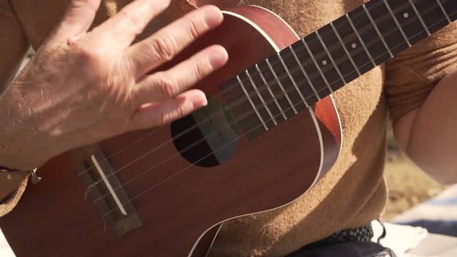 Ukulele playing and practicing, frontal shot