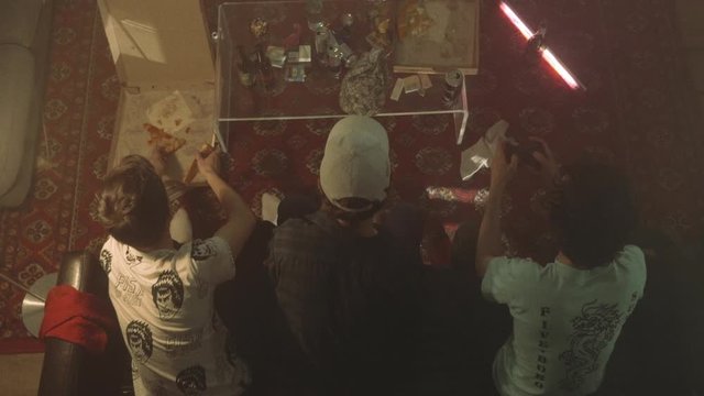 Three Guys Have Fun, Play On the Console, Eat Pizza, Chat