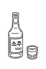 Vector line illustration of 'Soju' with a soju glass. soju is a clear, colorless distilled beverage of Korean origin. The letters written on the label mean soju.