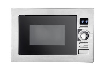 Front views and perspective of the home microwave with the door open and closed.