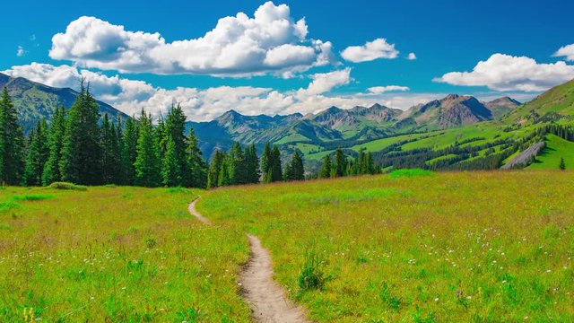 Hike Bike Trail In Lush Green Mountain Meadow Time Lapse Timelapse Time-Lapse 4K