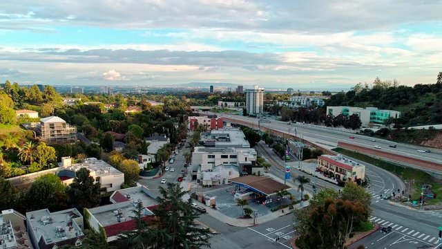 Aerial view of Freeway-405 Highway, empty with no traffic during Coronavirus Covid-19 lockdown in Bel-Air, California, America