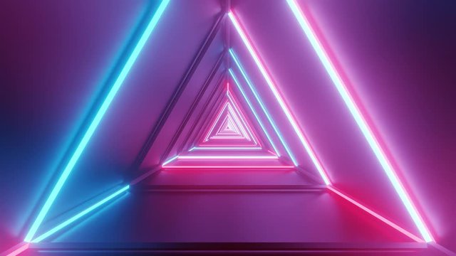 Bright Blue and Pink Neon Strip Lights, Triangle Tunnel Motion Graphic FORWARD