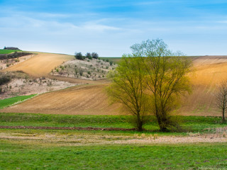 Plowed field view of the mountainous area in the countryside