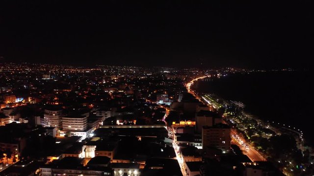 Aerial view over the city of Limassol, Cyprus at night.