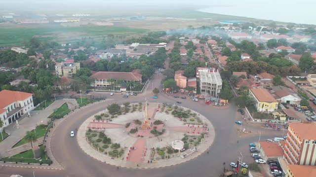 2020 - good aerial over Bissau in Guinea-Bissau West Africa, roundabout and streets, a typical West African city.