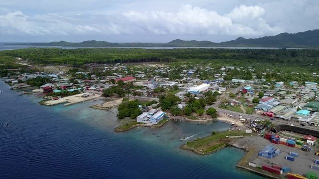 Aerial establishing shot of Buka, a small town in Papua New Guinea