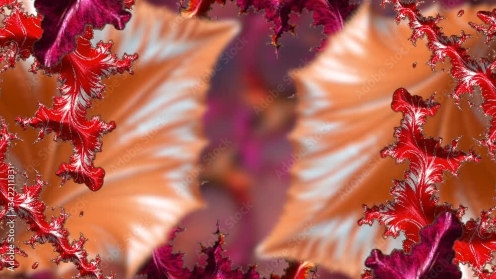 Poster fractal colorful pattern pushing sideways with blue sky and clouds during sunset at the end in backg
