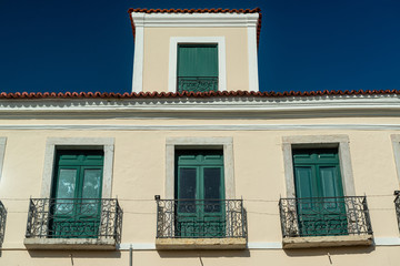 São Luis, Maranhão, Brazil on August 6, 2016. Old building facades in the historic center, with windows, doors and tiles from the Brazilian colonial period