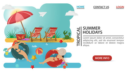 web page design concept summer vacation two girls in swimsuits swim on inflatable circles on a sandy beach flat vector illustration cartoon