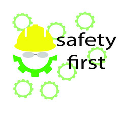 safety first logo vector. green gear and yellow helmet. use personal protective equipment