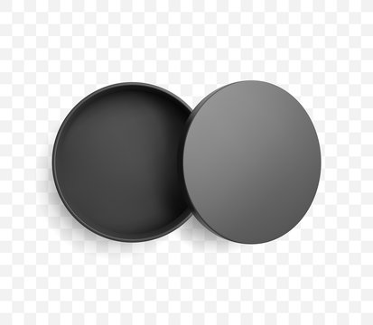 Realistic half open round black box and lid with shadow. Top view vector mockup.
