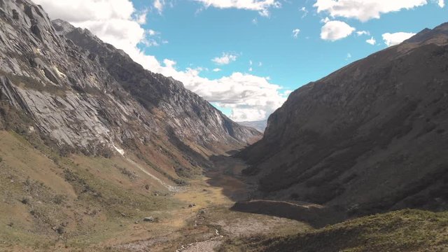 Valley of the peruvian andes, road to the lakes. Panoramic view, aerial shot.