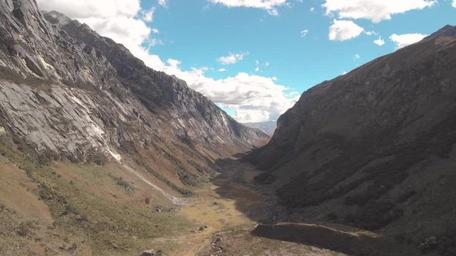 Valley in the mountains of peruvian andes, panoramic shot, aerial view.