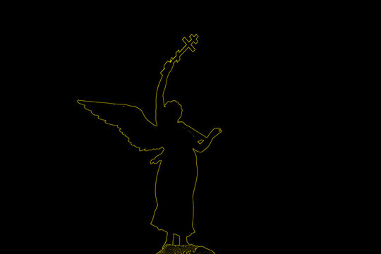 outline image of an angel on a black background with wings holding a religious cross in his hand.