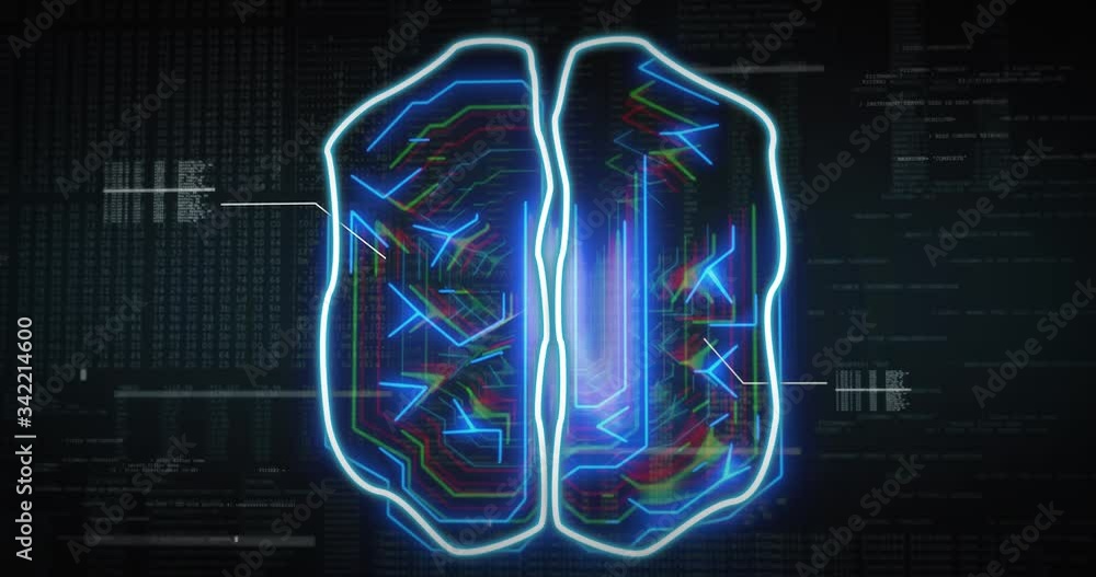 Poster digital brain. networking connections illustrated with a human brain surrounded by data, codes and l