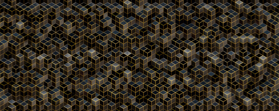 3d render black cube with gold line background