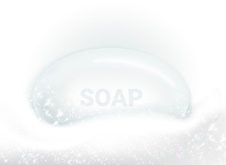 Soap bar with foam and bubbles isolated vector illustration on white background. Soap foam for lather. Vector illustration.