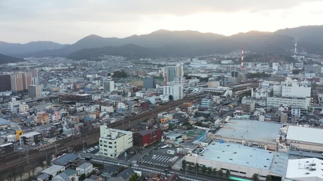 Shiga city of Ishiyama, Aerial establishing shot at sunset, Japan