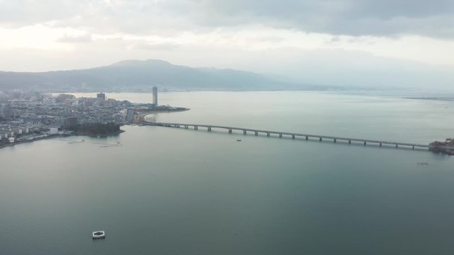 Biwako bridge leading to Otsu, Aerial view of Shiga Japan