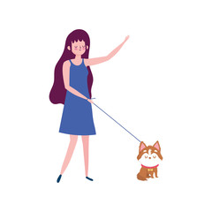 woman walking with little dog isolated icon white background