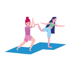 Obraz na płótnie Canvas group happy girls practicing yoga on mats isolated design