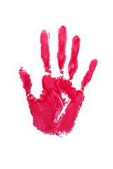 Pink watercolor print of human hand on white background isolated close up, handprint illustration, colorful palm and fingers silhouette mark, one hand shape painted stamp, stop sign, drawing imprint