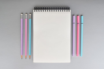 Libreta y colores sobre fondo color gris
