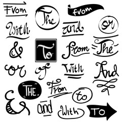 Hand drawn catchwords and ampersands  design elements set. doodle vector illustration