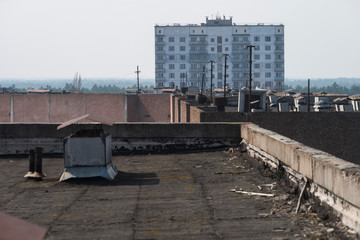 Rooftop in abandoned ghost town Pripyat in Chernobyl zone