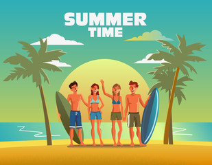 Group of smiling, happy, young friends with surfboards on beach. Travel, vacation, holidays and adventure vector concept illustration. Beach sunset background. Poster design style