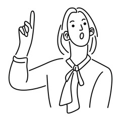 Woman pointing finger up. Stylish girl showing index finger. Female character illustration design. Line art vector illustration